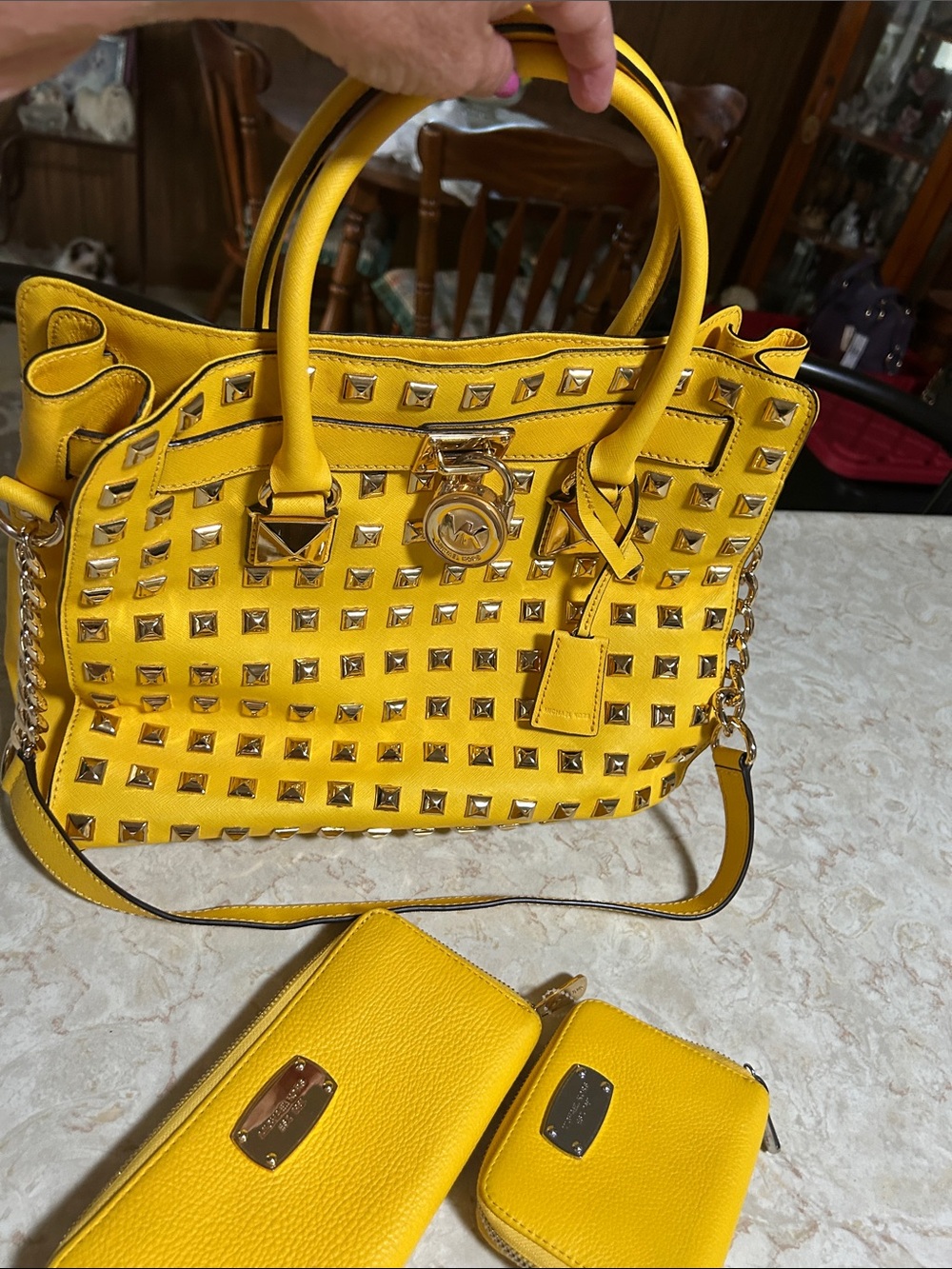 MICHAEL Michael Kors Yellow Studded Satchel with Gold Hardware and Chain Strap